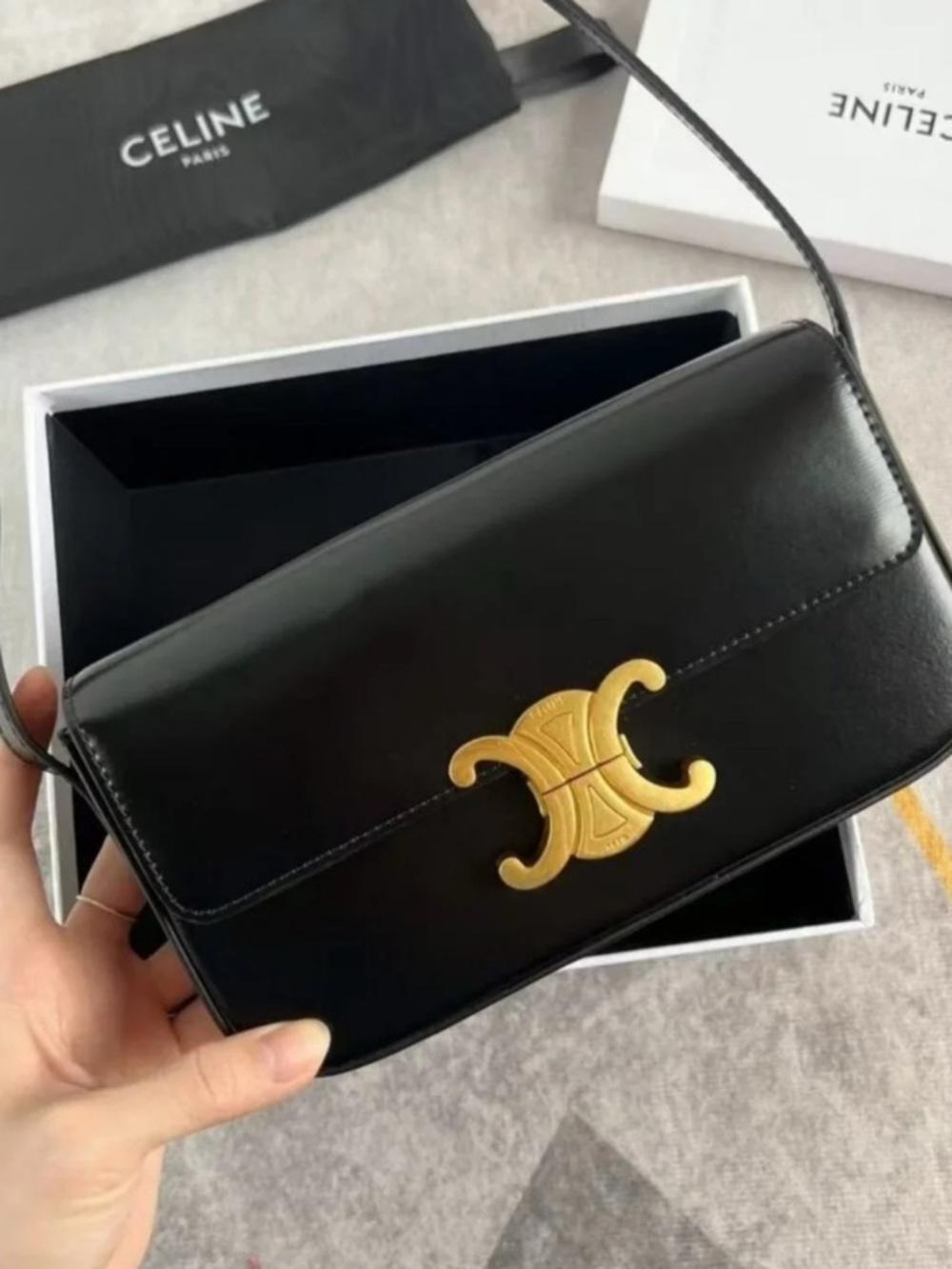 Celine Black Leather Crossbody Bag with Gold Triomphe Clasp
